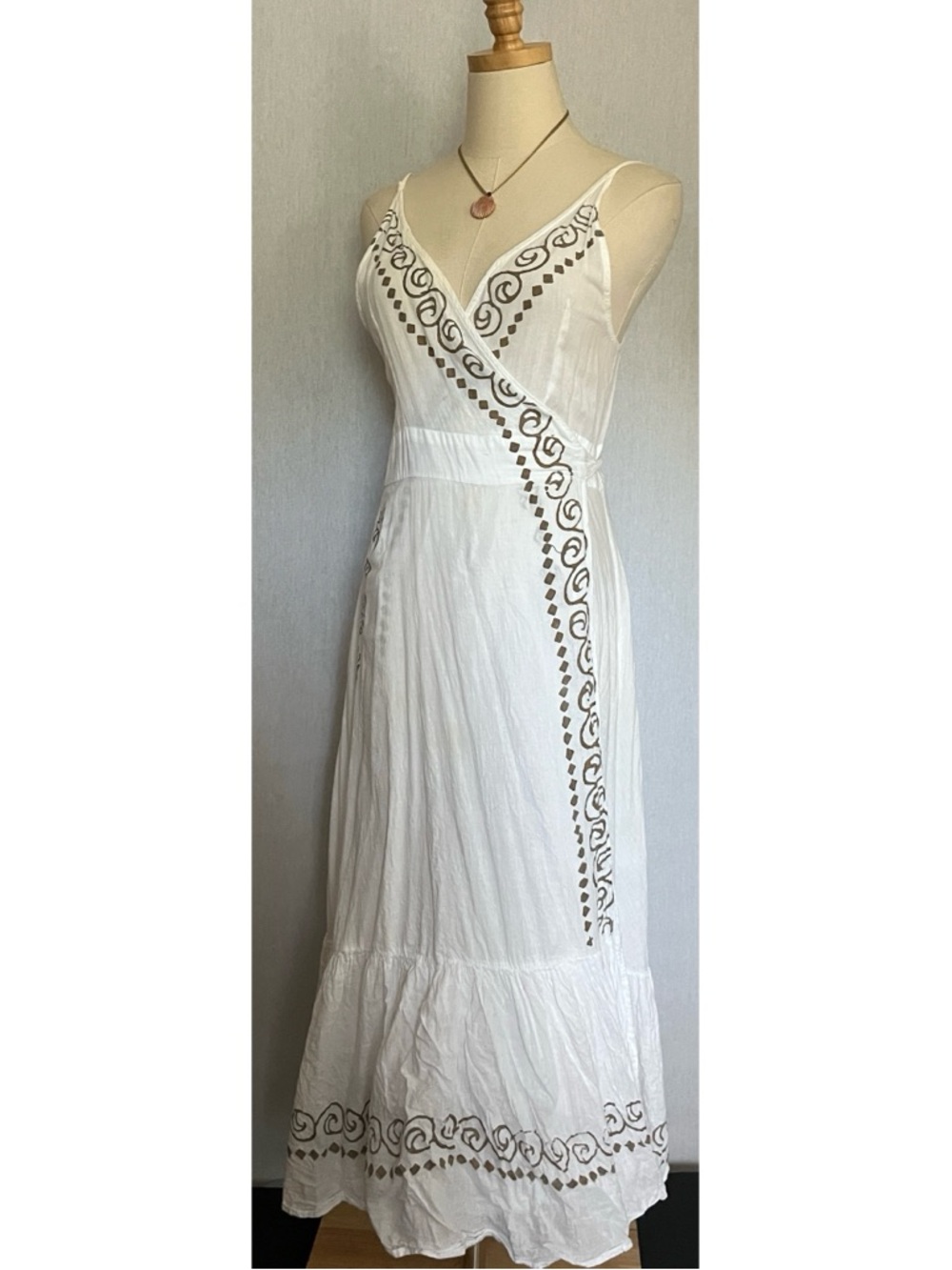 Lanidor White Cotton Wrap Strappy Batik Print Maxi Dress